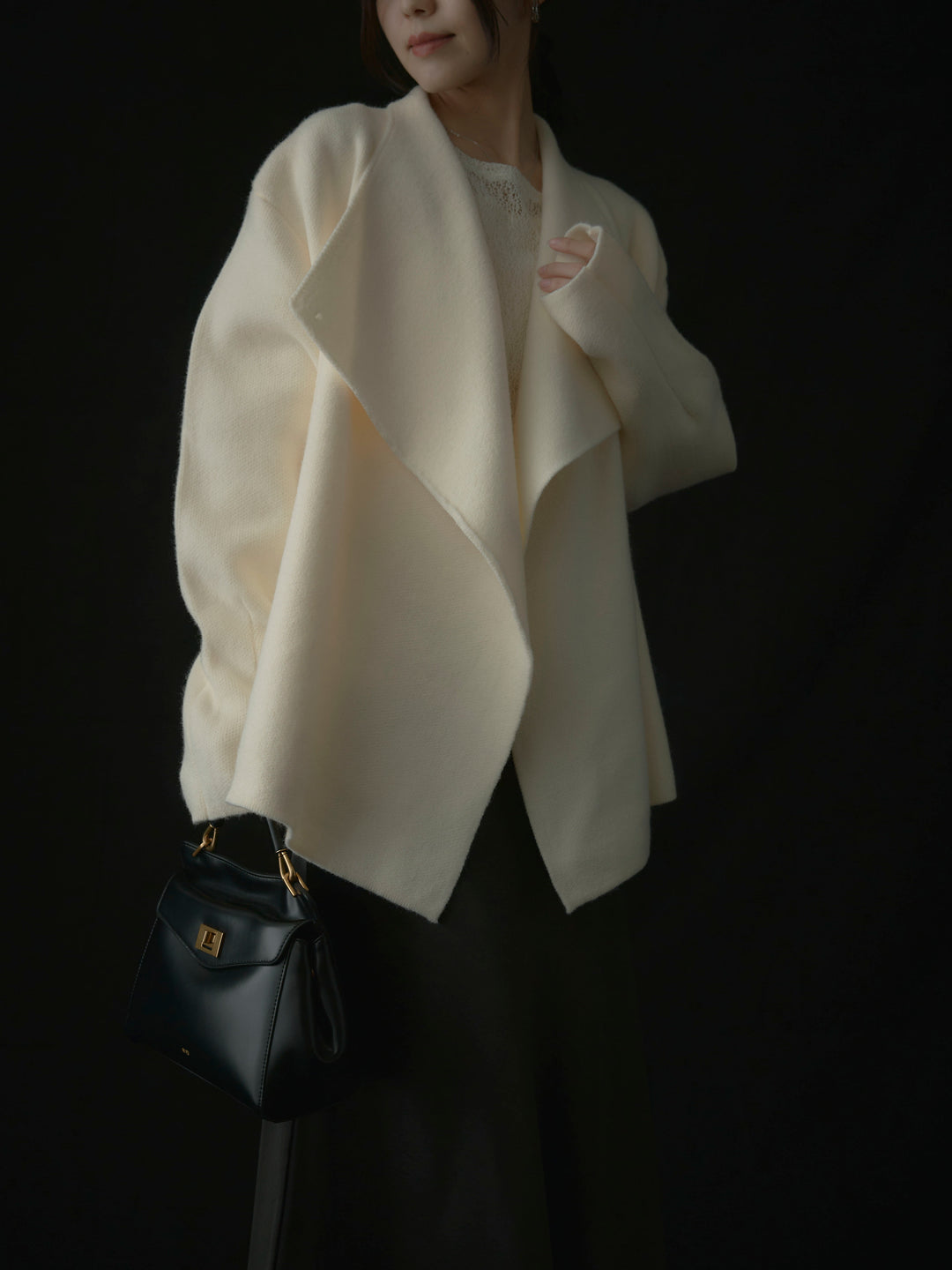 【SET】ショールカラーニットカーディガン+【インナー付き】シアーレーストップス+ヘビーサテンAラインスカート(3set)