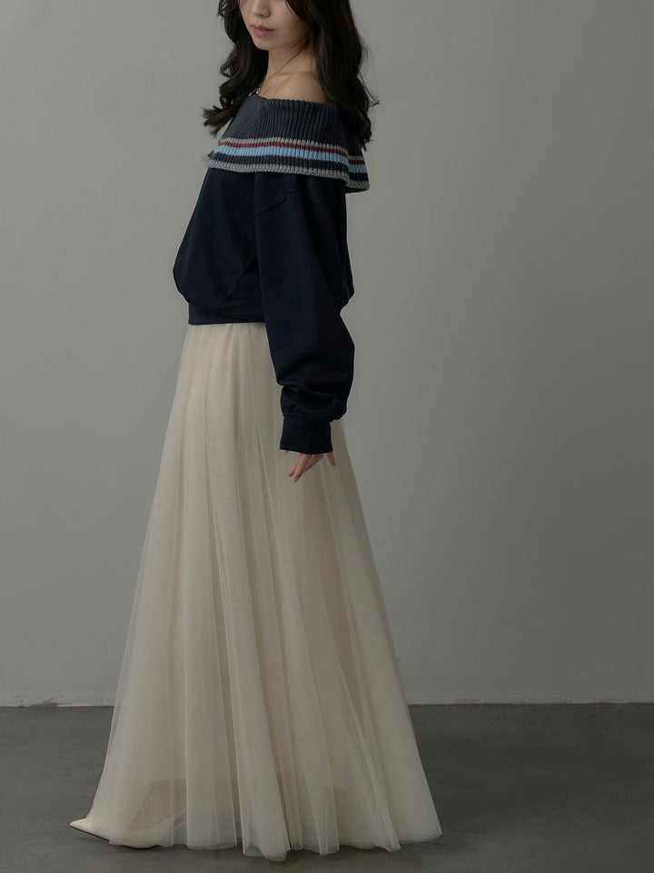 【SET】配色ボーダースウェットオフショルトップス+ボリュームチュールスカート(2set)