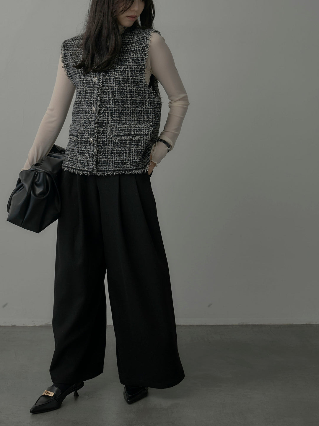【SET】ツイードフリンジベスト+メロウフリルシアートップス+【ロープベルト付属】ウールタッチワイドパンツ(3set)