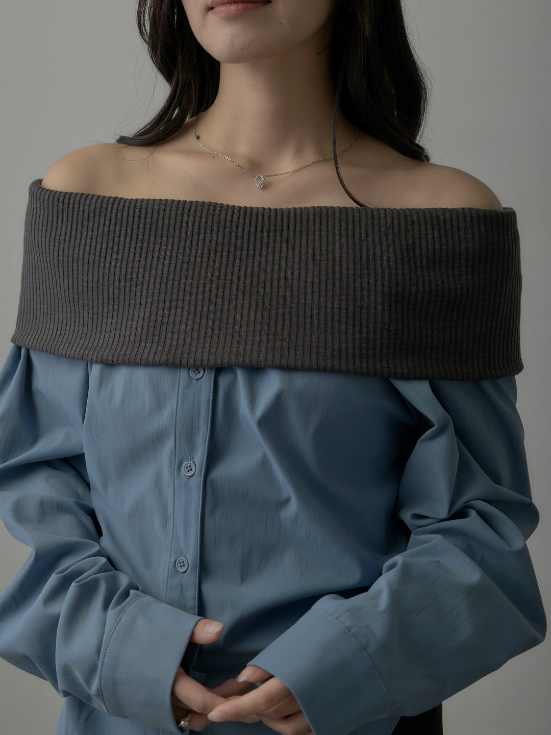 ニットシャツドッキングオフショルトップス