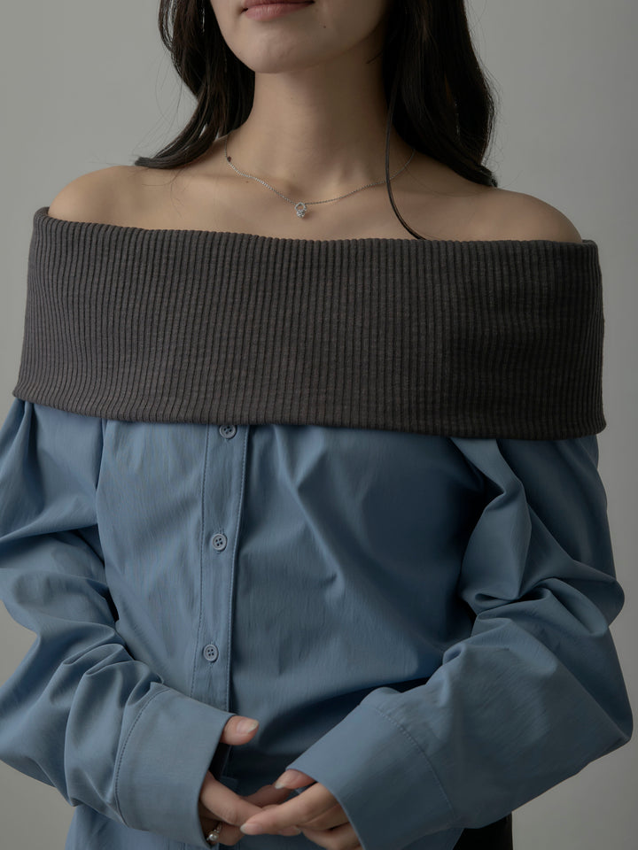 ニットシャツドッキングオフショルトップス