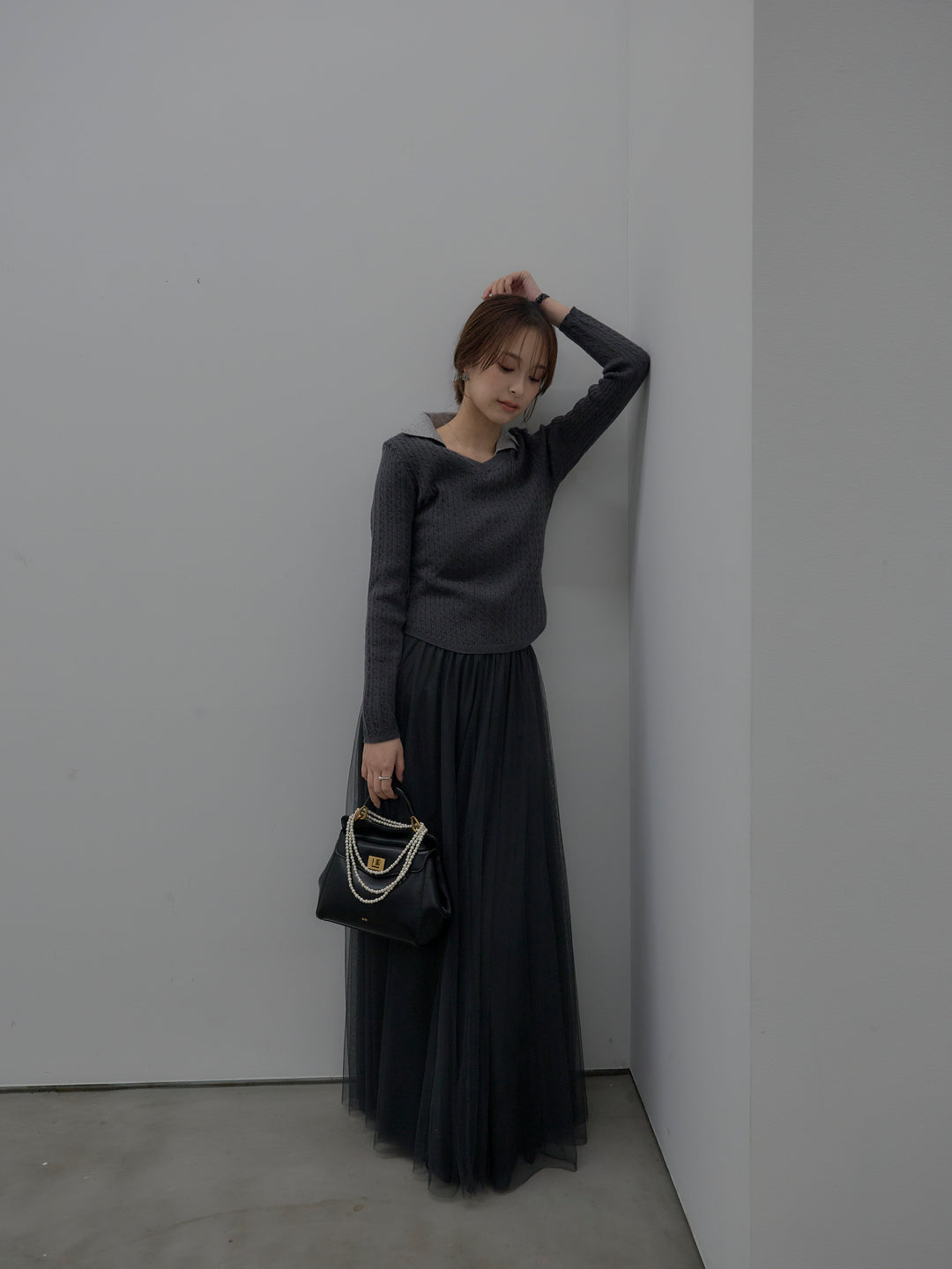 【SET】配色Vネックケーブルニットトップス+ボリュームチュールスカート(2set)