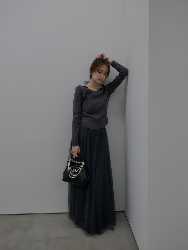 【SET】配色Vネックケーブルニットトップス+ボリュームチュールスカート(2set)