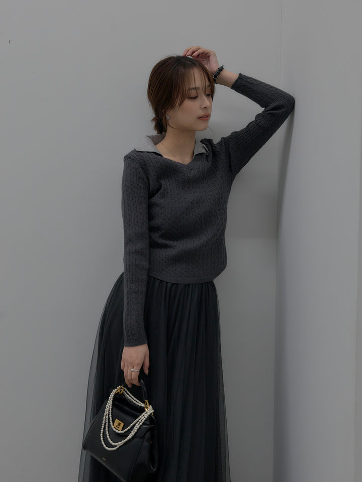 【SET】配色Vネックケーブルニットトップス+ボリュームチュールスカート(2set)