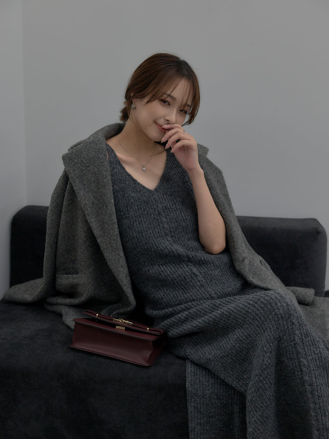 【SET】【Essential】オーバーサイズジャケットコート+リュクスリブニットロングドレス(2set)