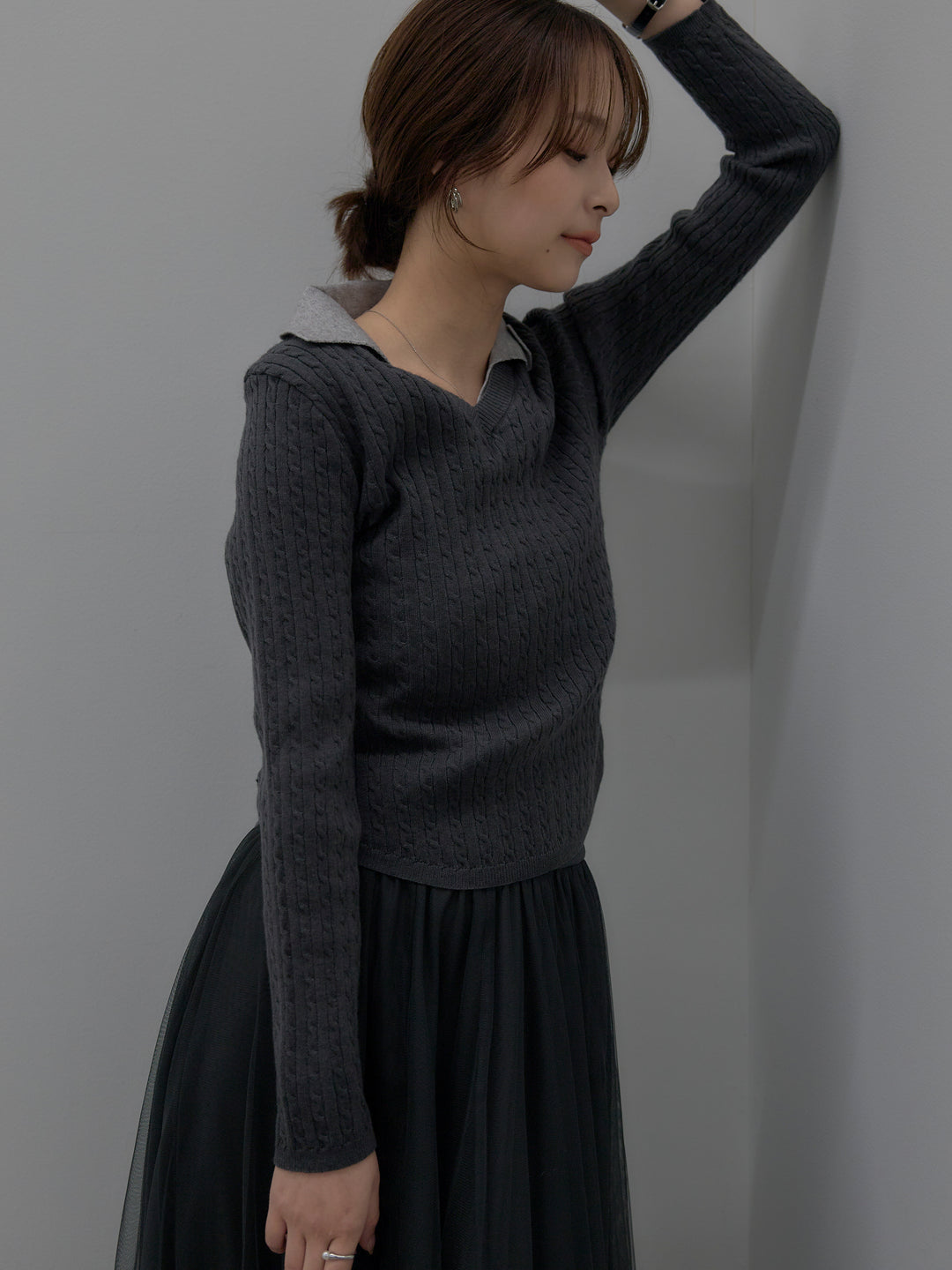 【SET】配色Vネックケーブルニットトップス+ボリュームチュールスカート(2set)