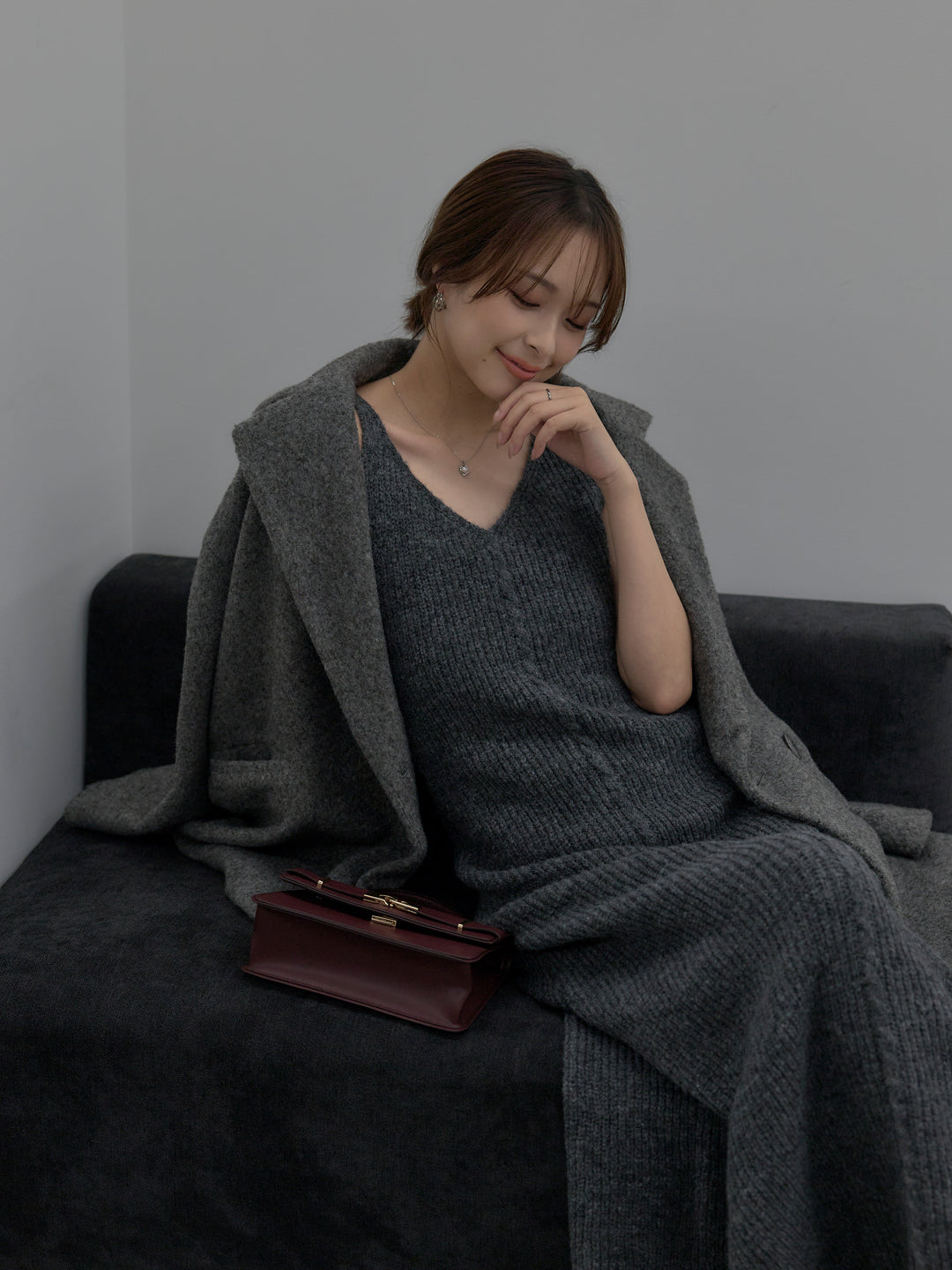 【SET】【Essential】オーバーサイズジャケットコート+リュクスリブニットロングドレス(2set)