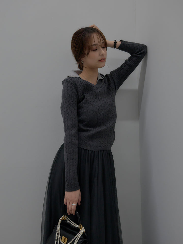 【SET】配色Vネックケーブルニットトップス+ボリュームチュールスカート(2set)