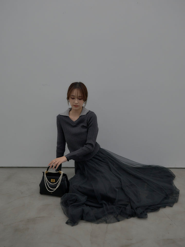 【SET】配色Vネックケーブルニットトップス+ボリュームチュールスカート(2set)