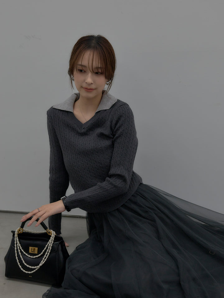 【SET】配色Vネックケーブルニットトップス+ボリュームチュールスカート(2set)