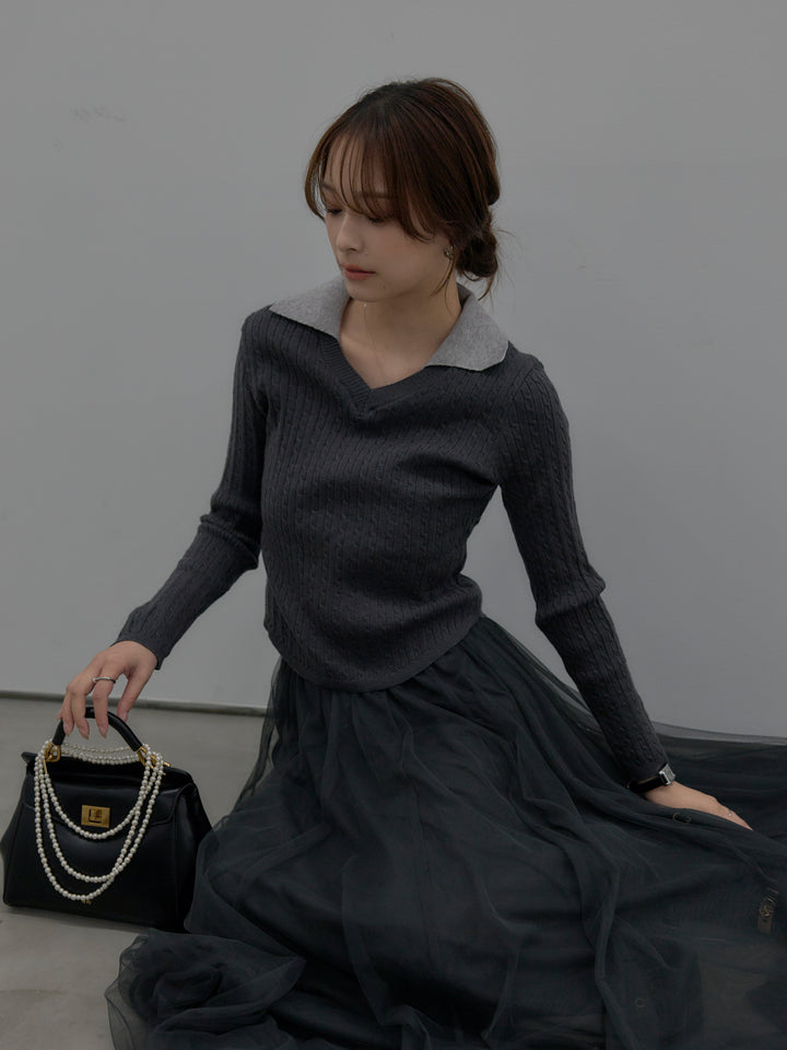 配色Vネックケーブルニットトップス