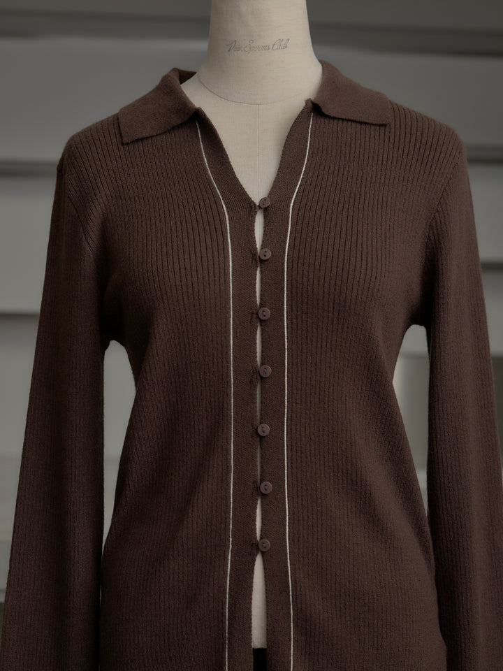 リブ配色ラインポロニットカーディガン