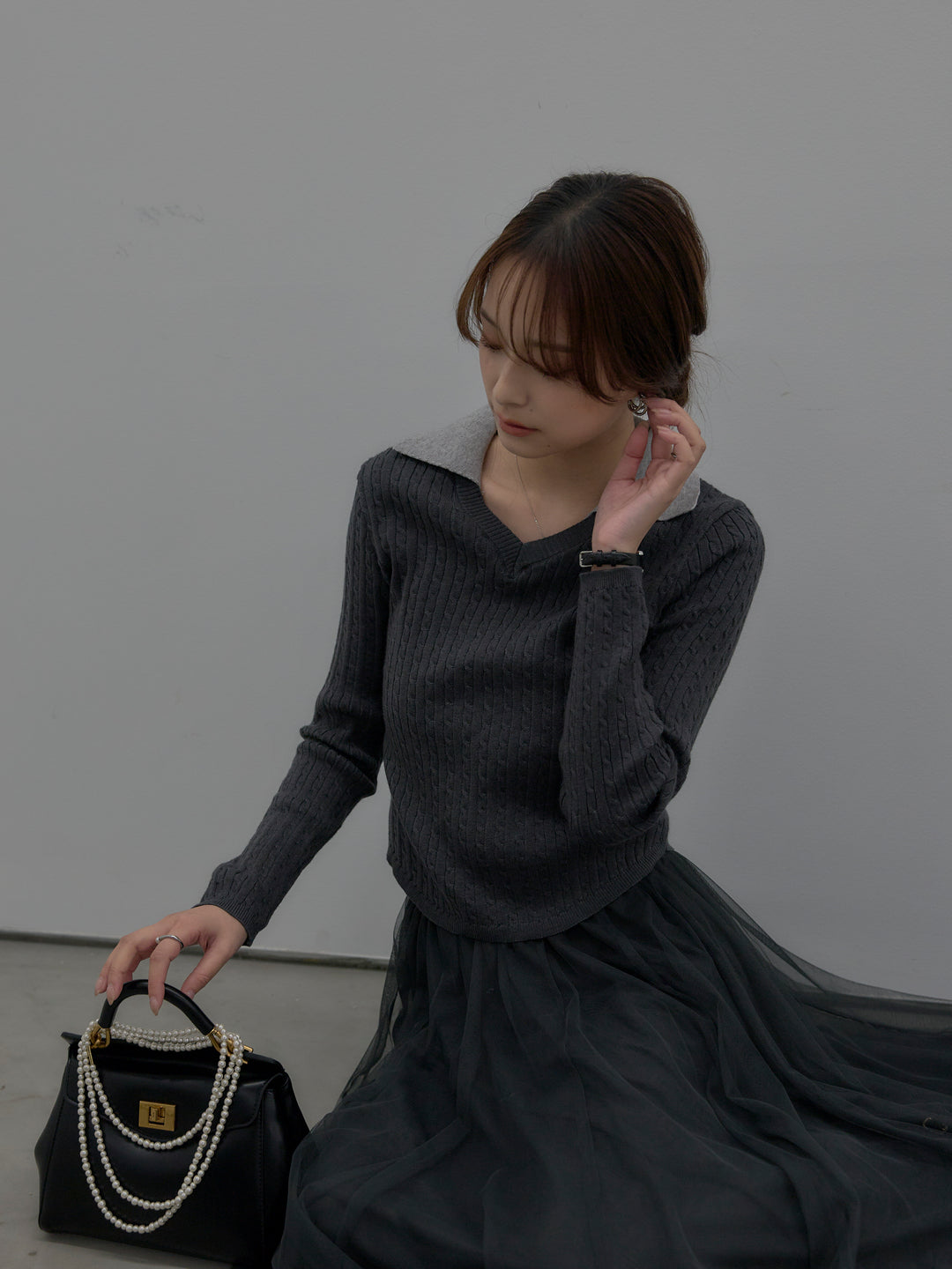 【SET】配色Vネックケーブルニットトップス+ボリュームチュールスカート(2set)