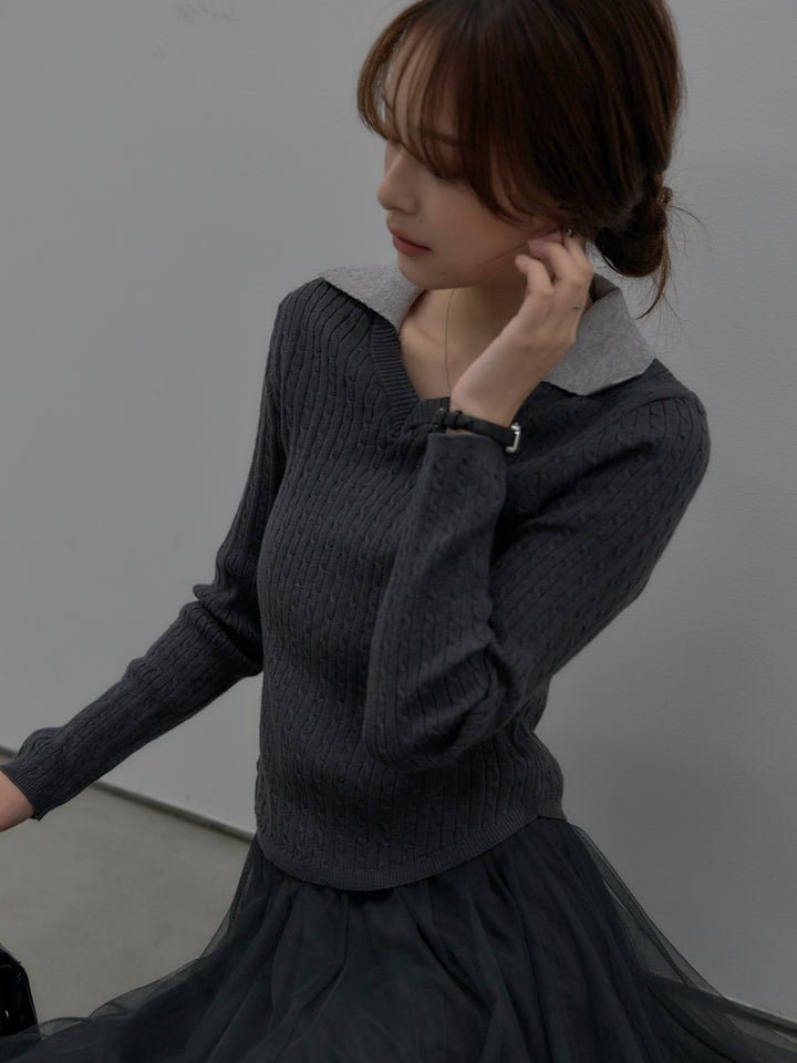 【SET】配色Vネックケーブルニットトップス+ボリュームチュールスカート(2set)