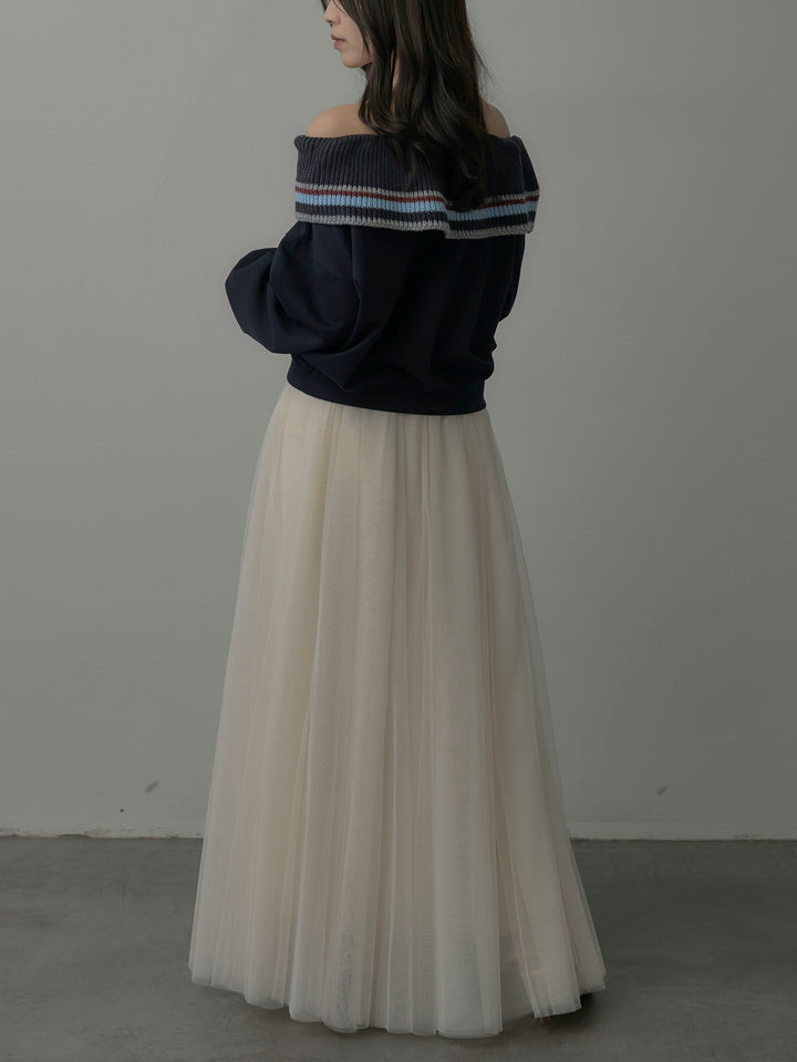 【SET】配色ボーダースウェットオフショルトップス+ボリュームチュールスカート(2set)