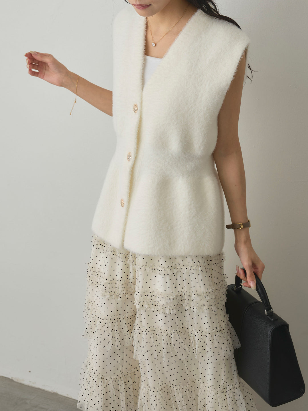 【SET】シャギーニットペプラムベスト+ドットチュールティアードスカート(2set)