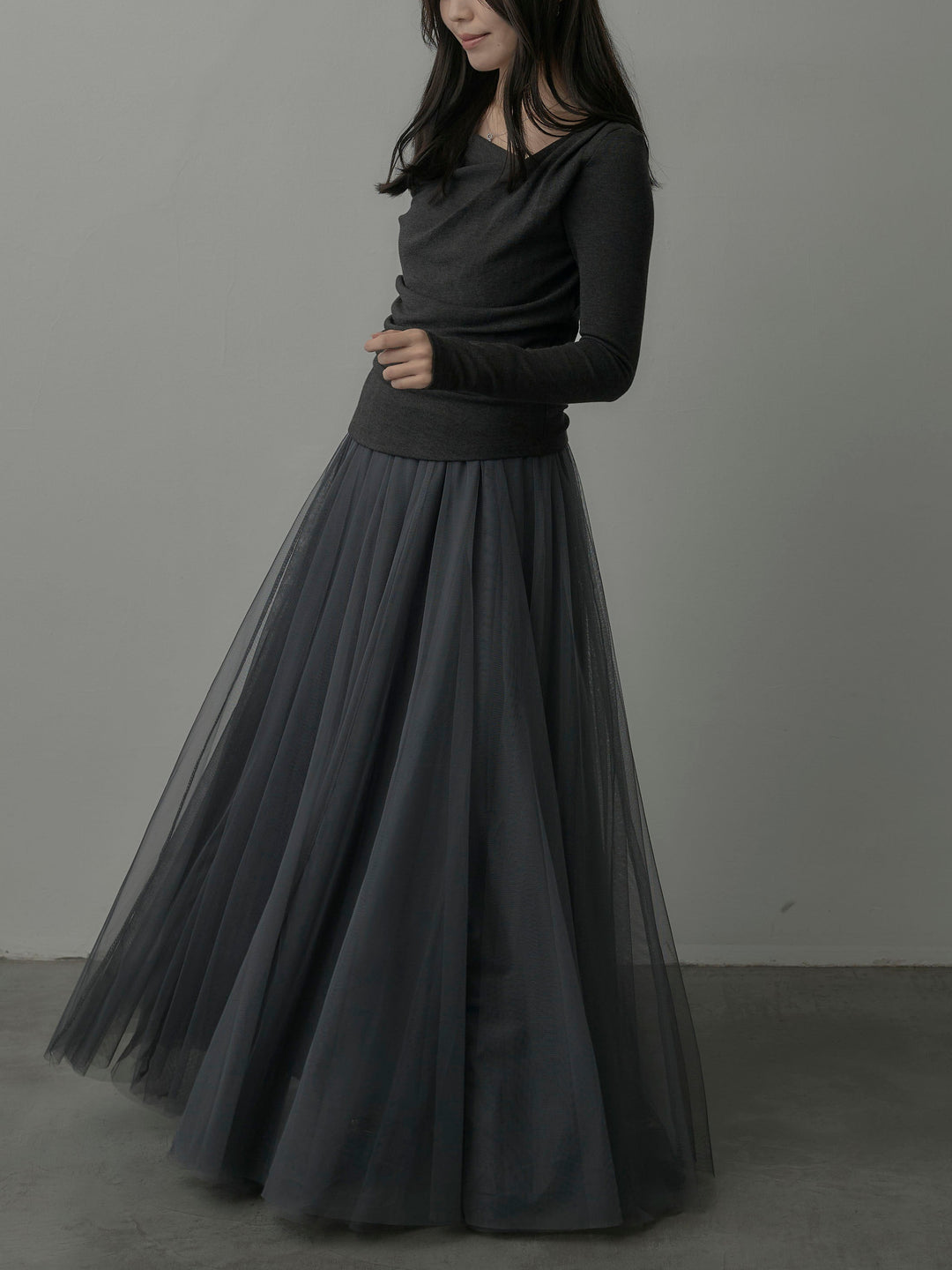 【SET】ドレープデザイントップス+ボリュームチュールスカート(2set)