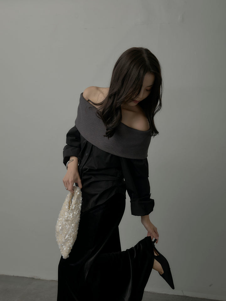 ニットシャツドッキングオフショルトップス