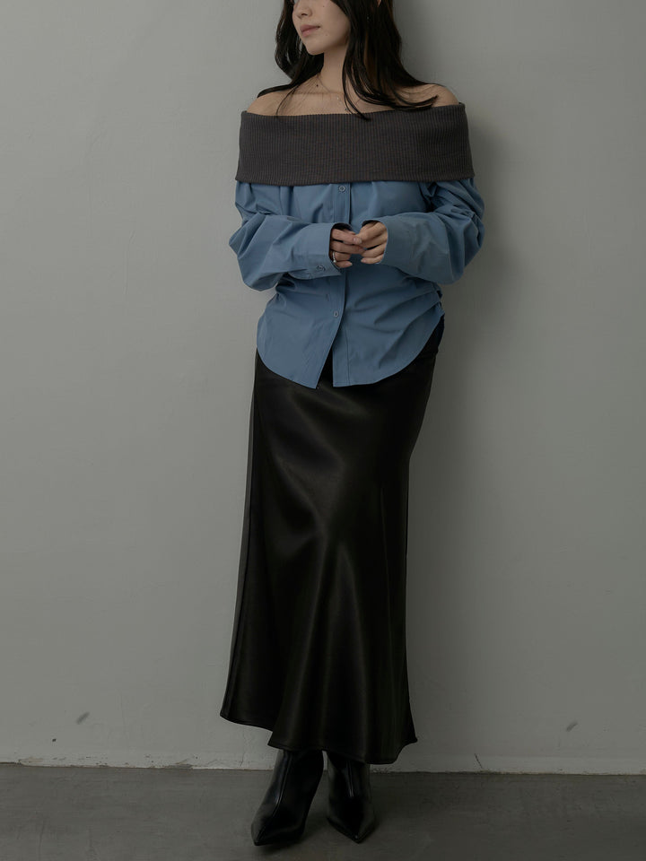 【SET】ニットシャツドッキングオフショルトップス+ヘビーサテンAラインスカート(2set)