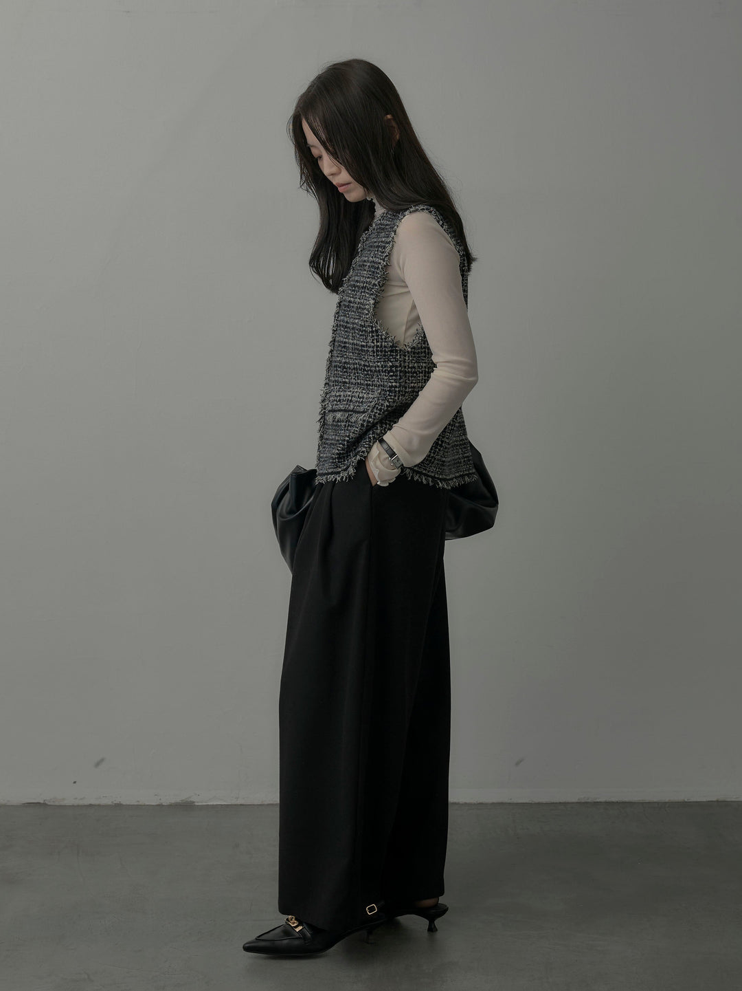 【SET】ツイードフリンジベスト+メロウフリルシアートップス+【ロープベルト付属】ウールタッチワイドパンツ(3set)