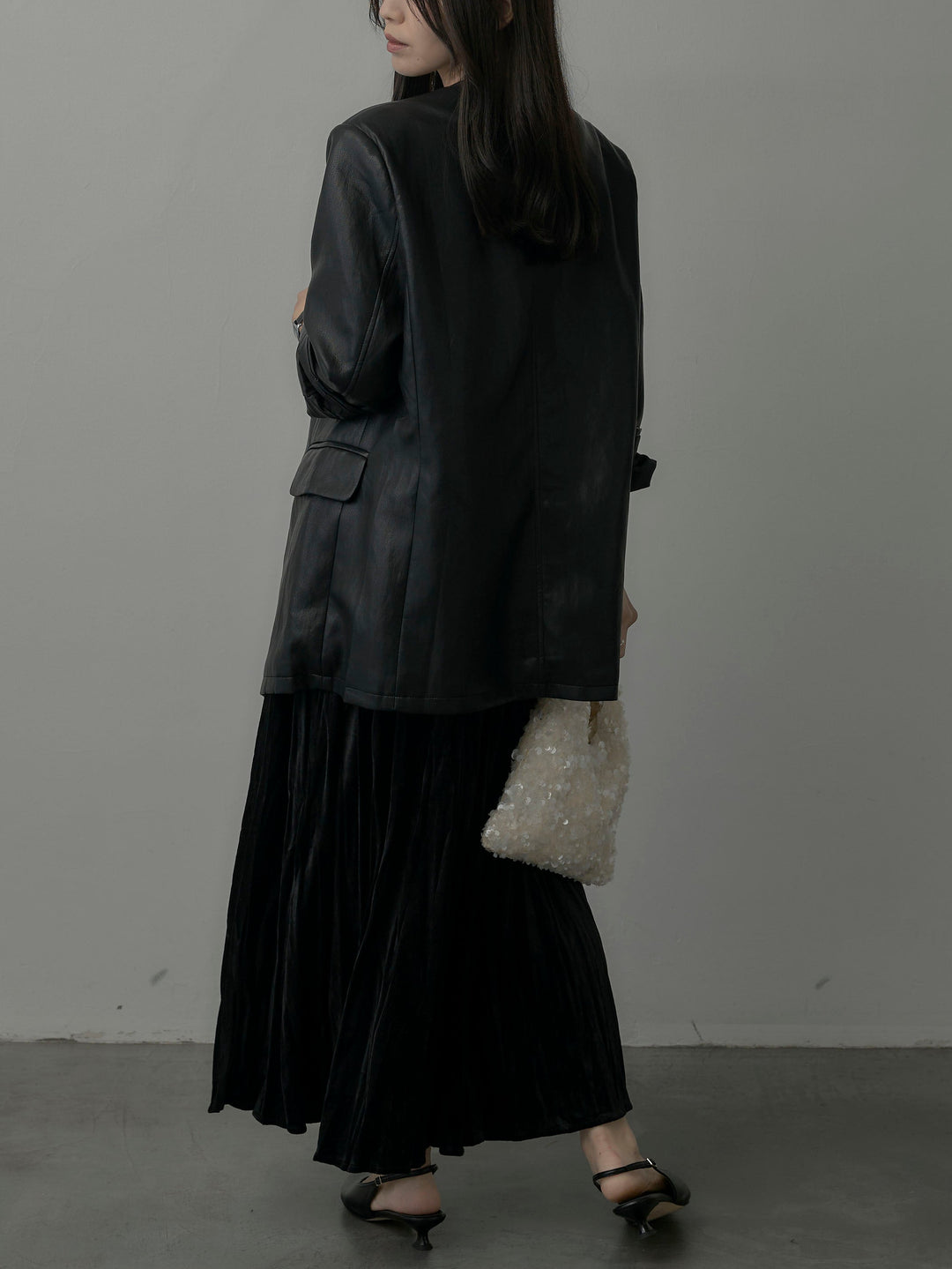【SET】レザーノーカラージャケット+ベロアワッシャープリーツスカート(2set)