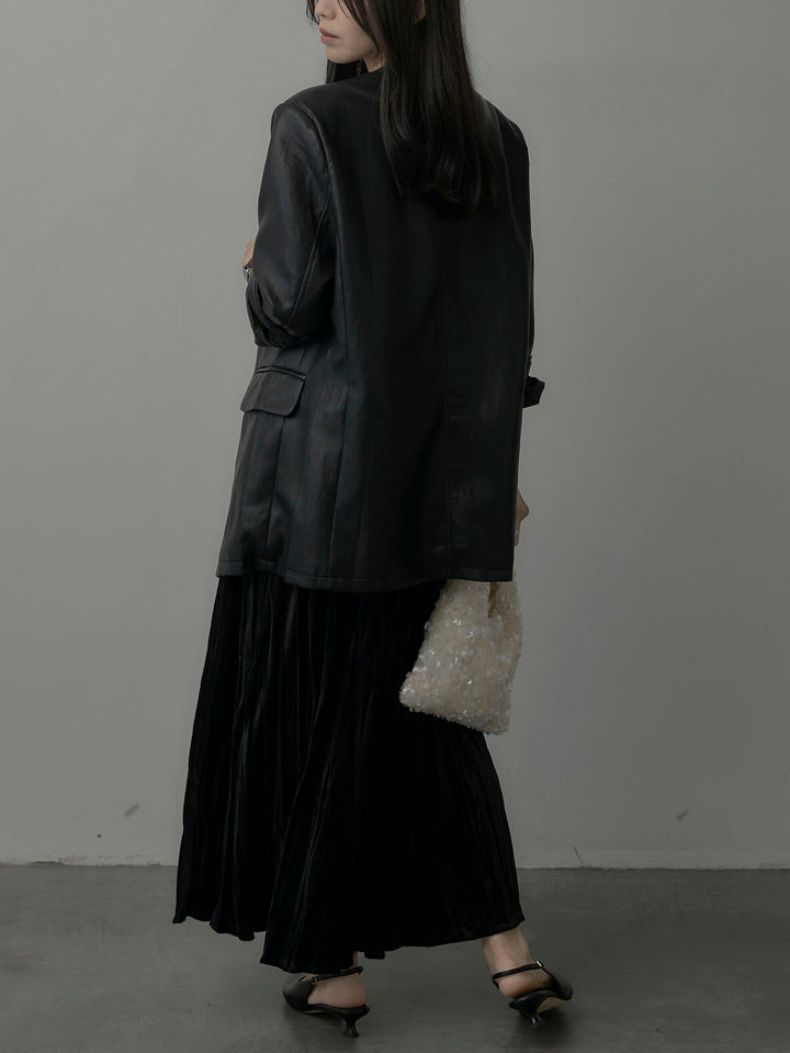 【SET】レザーノーカラージャケット+ベロアワッシャープリーツスカート(2set)