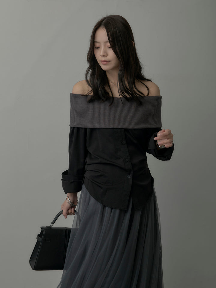 ニットシャツドッキングオフショルトップス