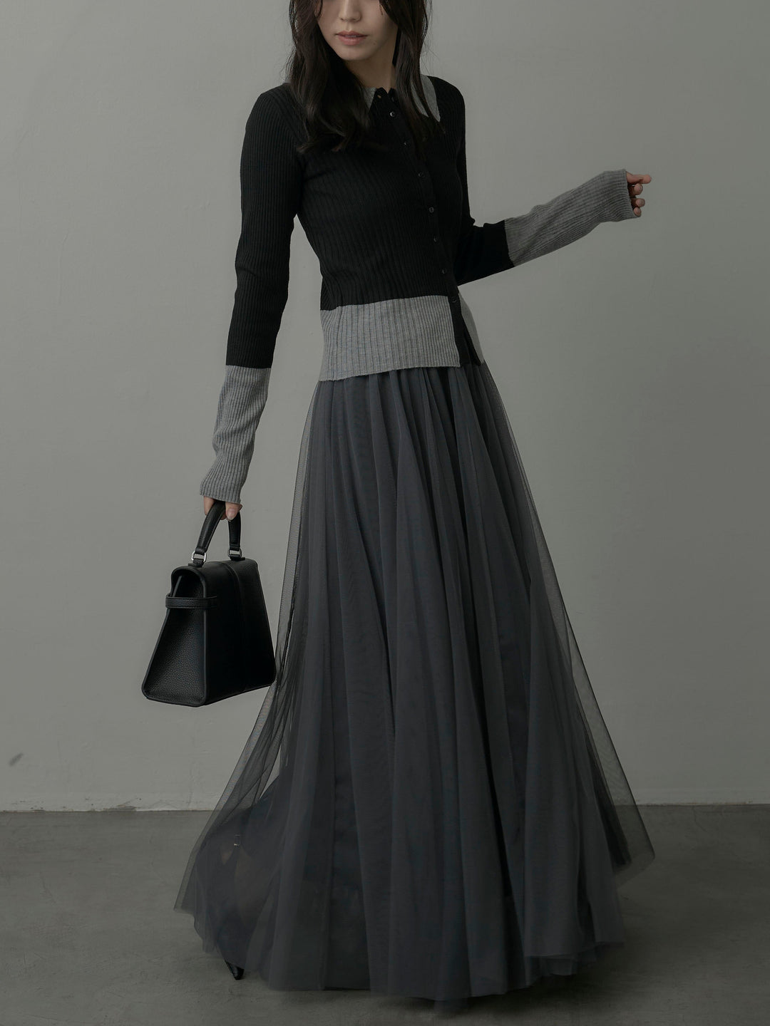 【SET】バイカラーリブニットポロトップス+ボリュームチュールスカート(2set)