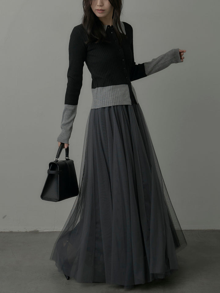 【SET】バイカラーリブニットポロトップス+ボリュームチュールスカート(2set)