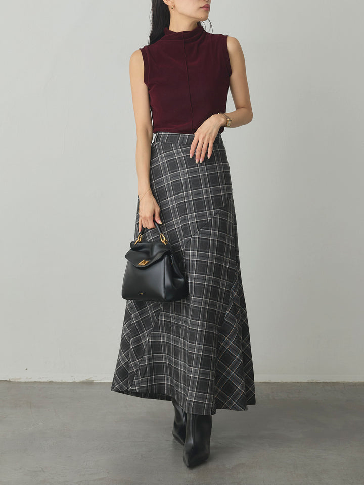 【SET】メッシュベロアノースリーブトップス+クラシカルチェックパネルスカート(2set)