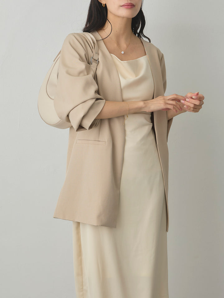 【SET】【Essential】フロントホックノーカラージャケット+【Essential】サテンドレープキャミワンピ(2set)