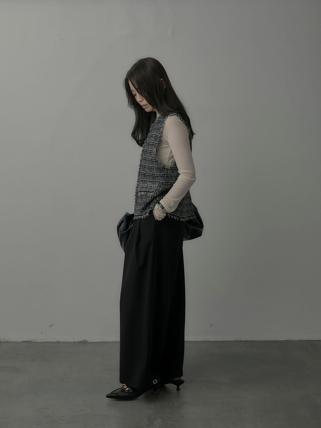 【ロープベルト付属】ウールタッチワイドパンツ