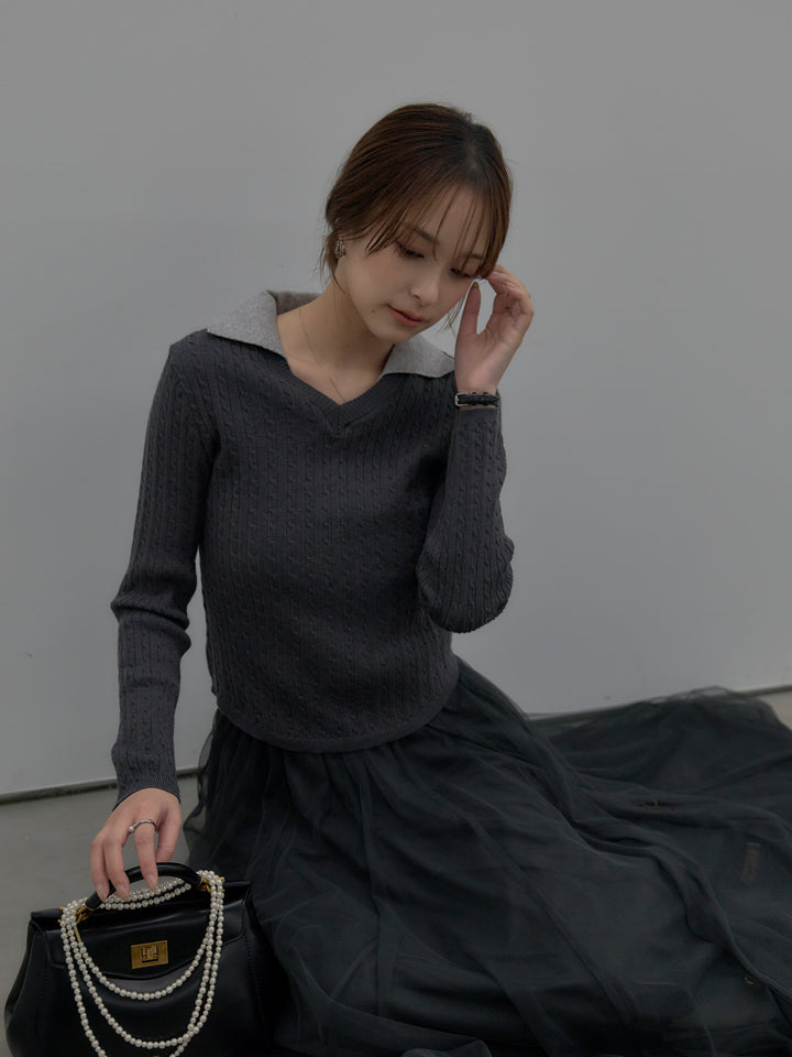 配色Vネックケーブルニットトップス