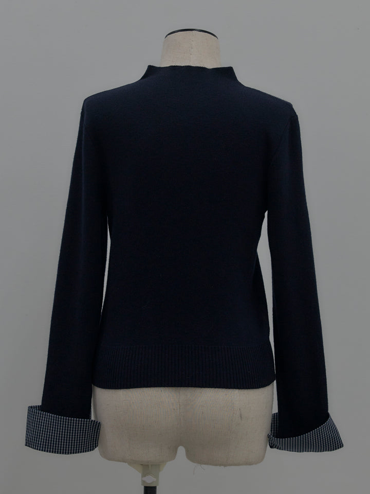 異素材ドッキングデザインボタンニットトップス