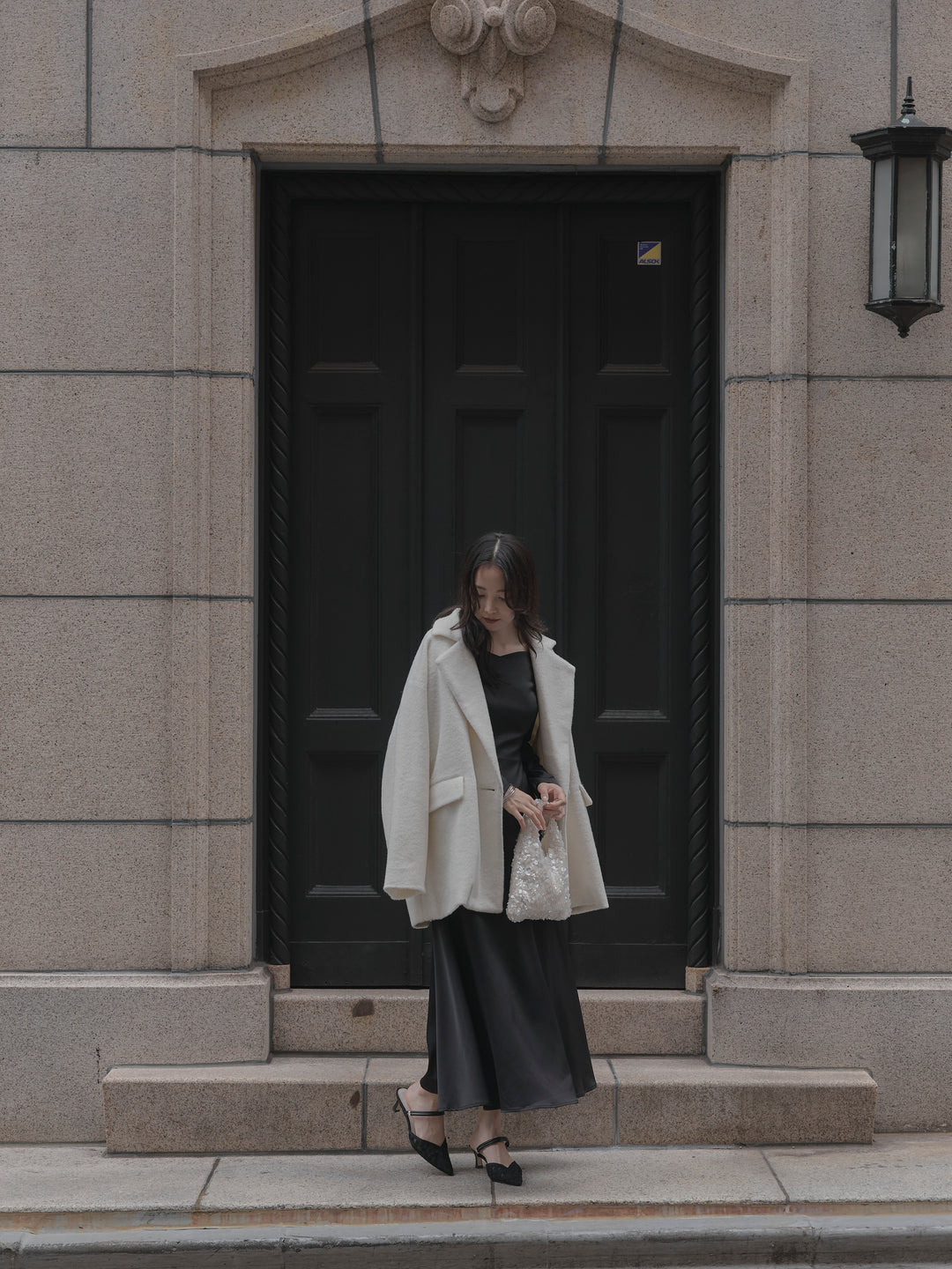 【Essential】ハートネックロングスリーブサテンワンピース