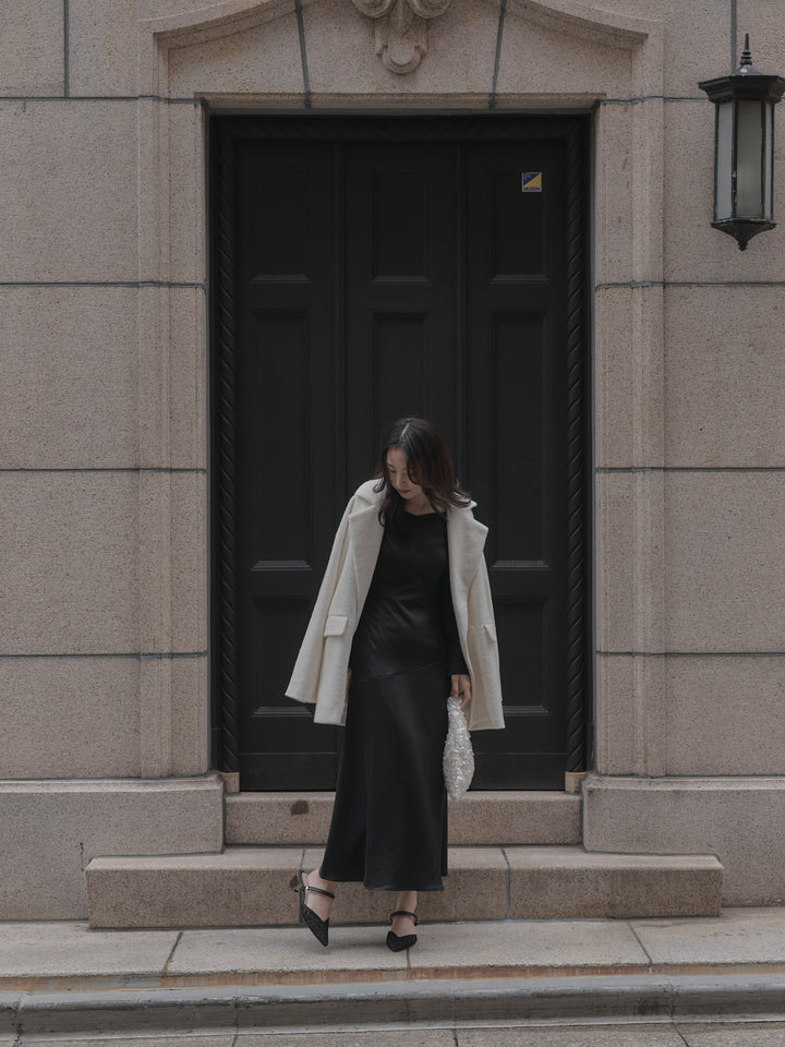 【Essential】ハートネックロングスリーブサテンワンピース