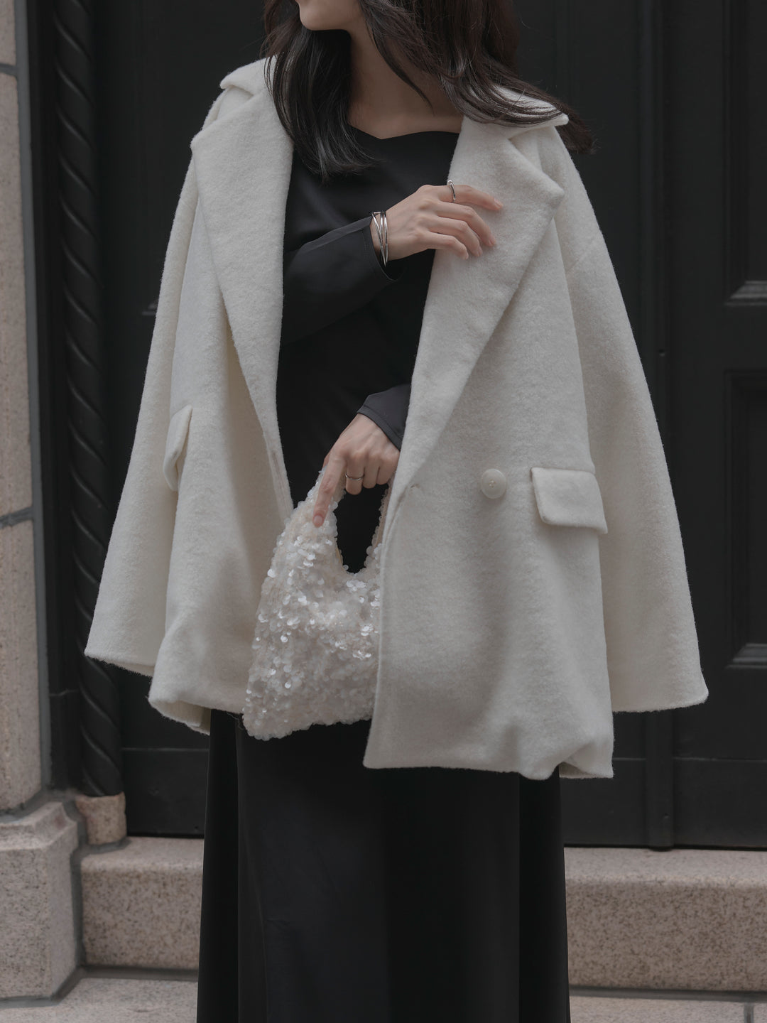 【Essential】ハートネックロングスリーブサテンワンピース