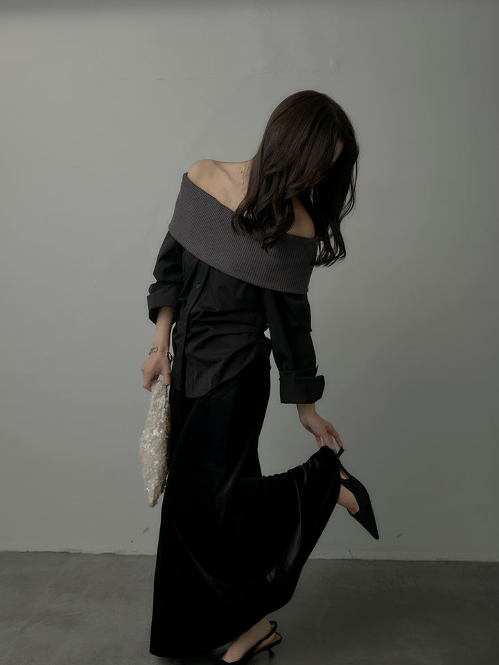 【SET】ニットシャツドッキングオフショルトップス+ベロアフレアロングスカート(2set)