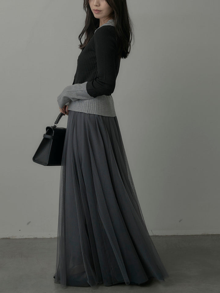 【SET】バイカラーリブニットポロトップス+ボリュームチュールスカート(2set)