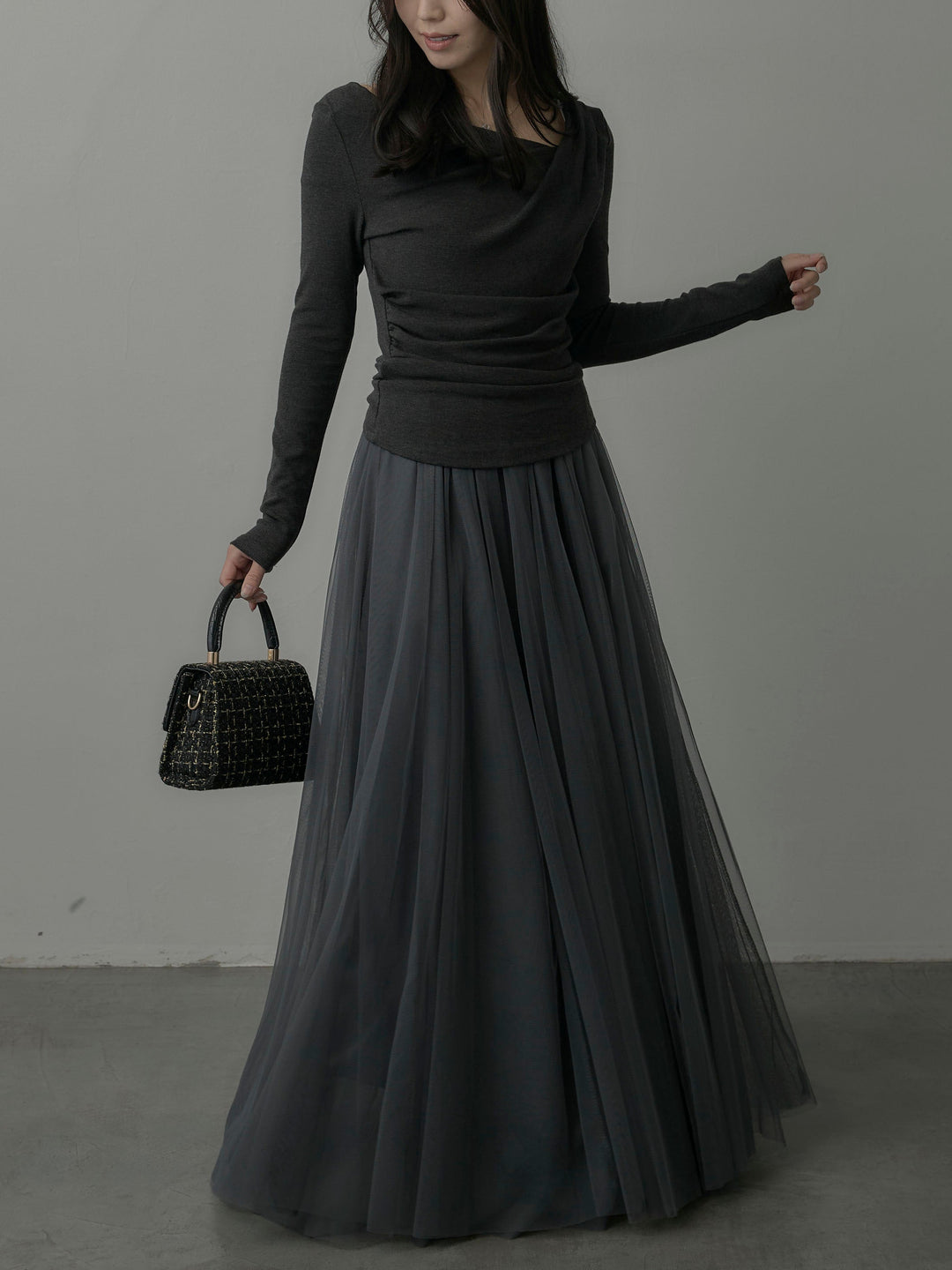 【SET】ドレープデザイントップス+ボリュームチュールスカート(2set)