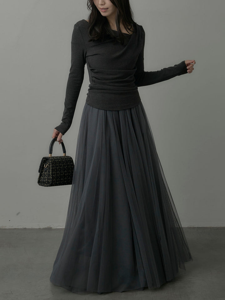 【SET】ドレープデザイントップス+ボリュームチュールスカート(2set)