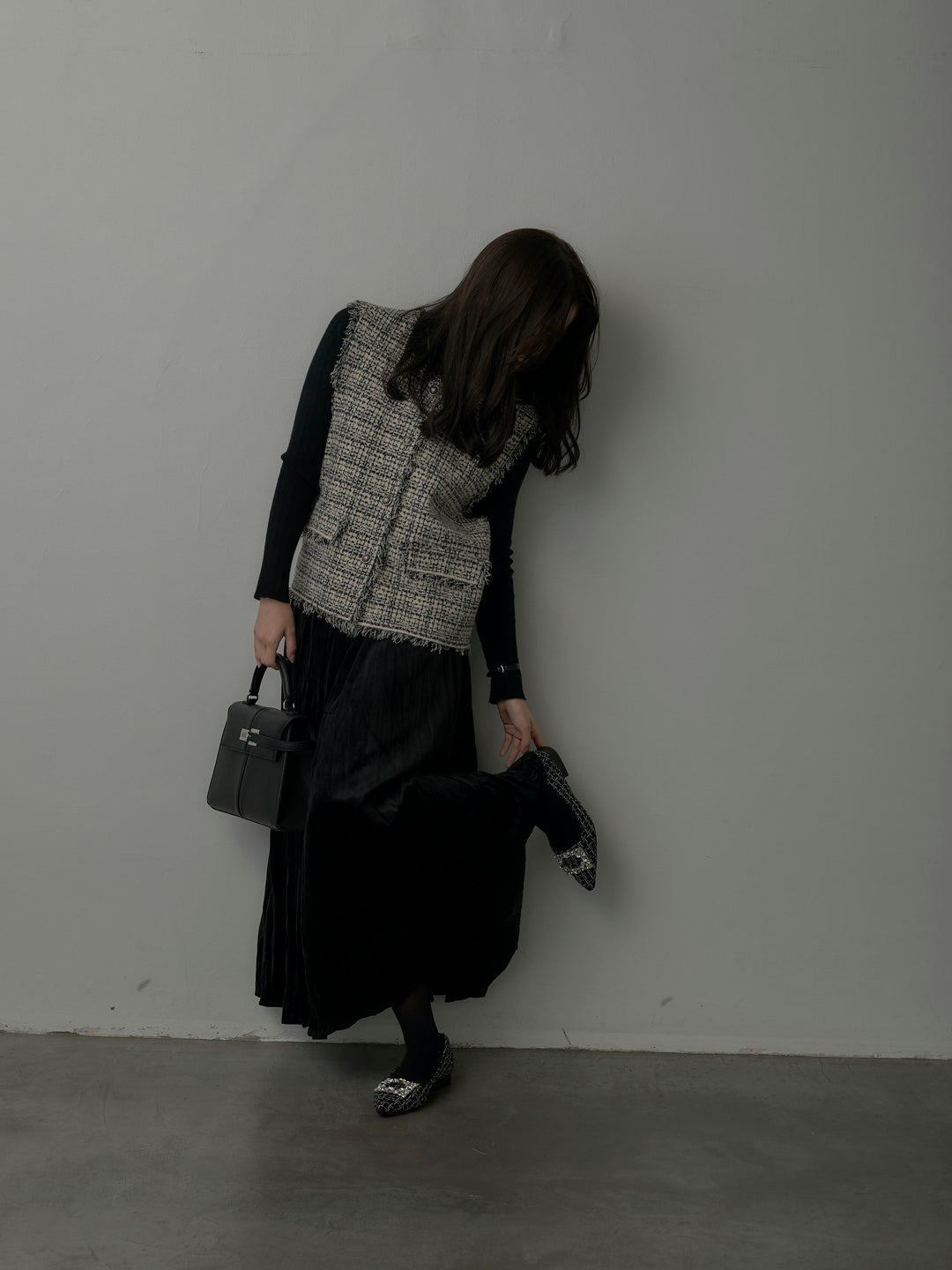 【SET】ツイードフリンジベスト+リブニットタートルネック+ベロアワッシャープリーツスカート(3set)