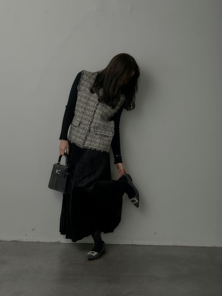 【SET】ツイードフリンジベスト+リブニットタートルネック+ベロアワッシャープリーツスカート(3set)