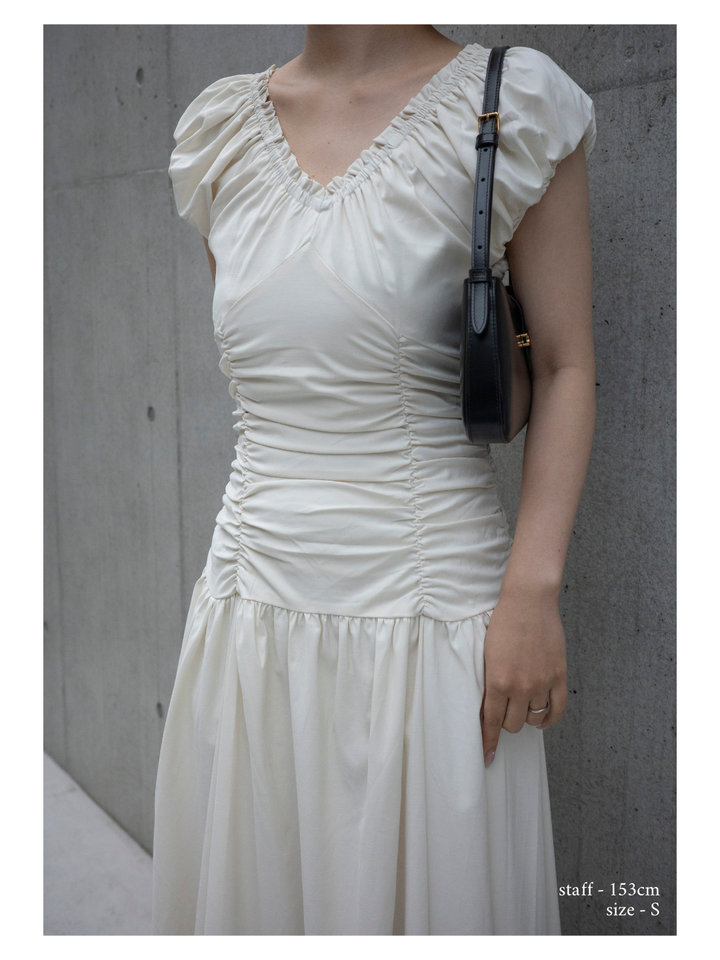 【Essential】Shirring flare puff sleeve one piece