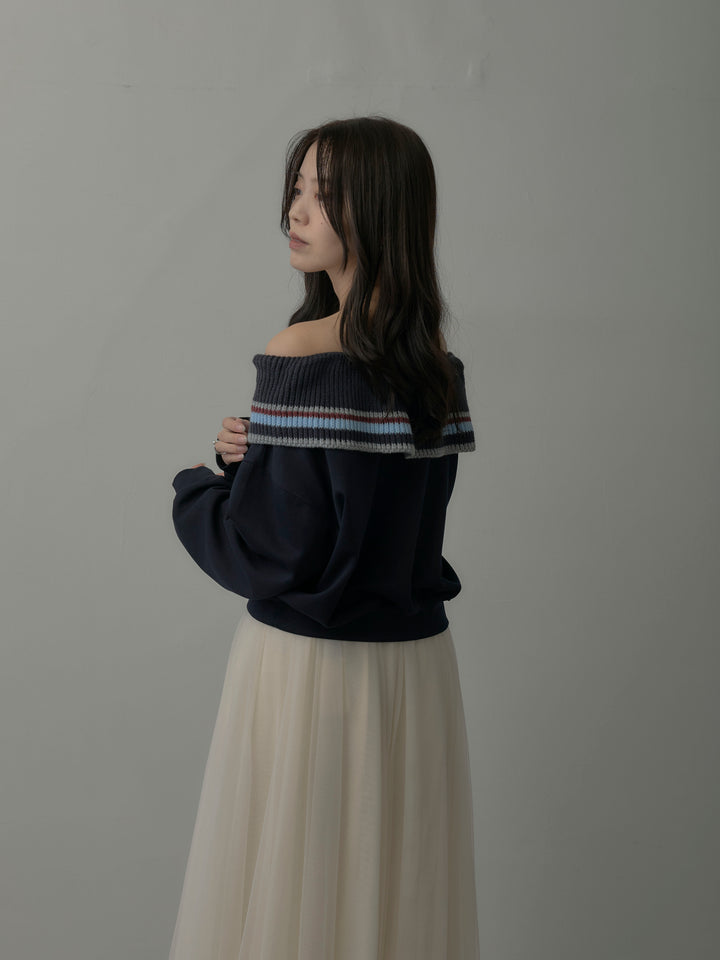 【SET】配色ボーダースウェットオフショルトップス+ボリュームチュールスカート(2set)
