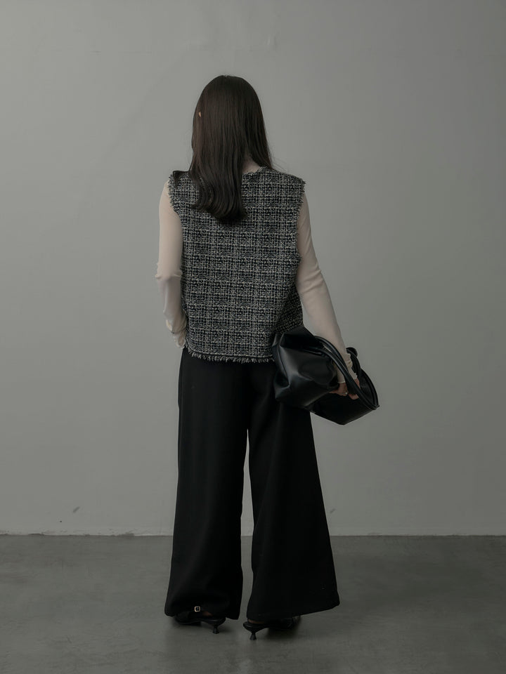 【SET】ツイードフリンジベスト+メロウフリルシアートップス+【ロープベルト付属】ウールタッチワイドパンツ(3set)