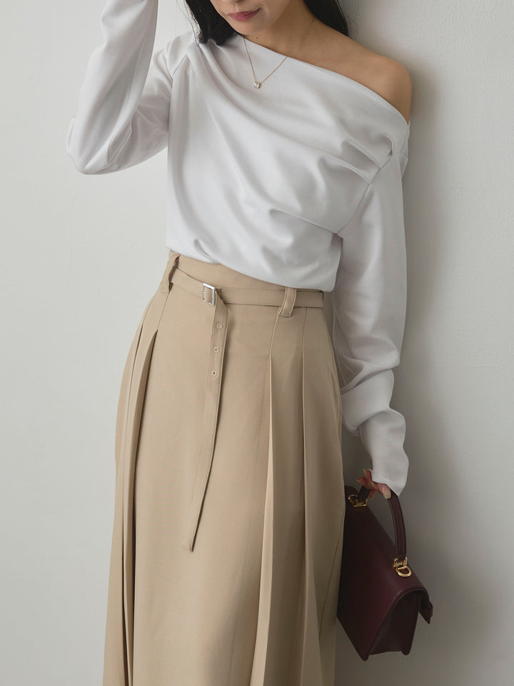 【SET】【Essential】2wayショルダードレープカットトップス+【Essential】ベルト付きサイドタックスカート(2set)