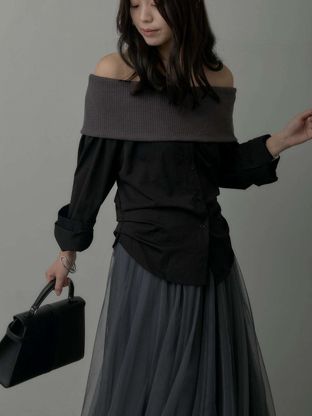 ニットシャツドッキングオフショルトップス