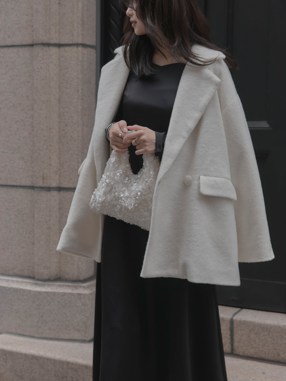 【Essential】ハートネックロングスリーブサテンワンピース