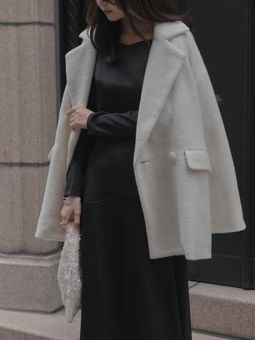 【Essential】ハートネックロングスリーブサテンワンピース